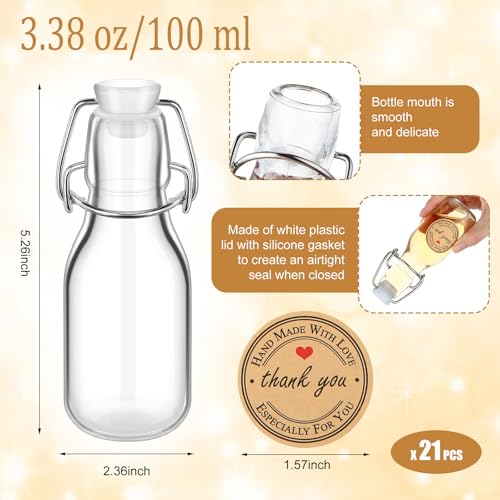 TERRIFI 20 PCS 100ml Mini Flip Top Glass Bottles with Stoppers, Decorative Swing Top Bottles with Lids and Kraft Adhesive Round Stickers, Ideal for Wedding and Themed Party Favors