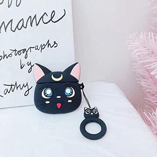 AirPods 1/2 Case Cute Cartoon Sailor Moon Luna Cat Earphone Cases for Apple Airpods 2 Protect Cover with Finger Ring Strap (A2)