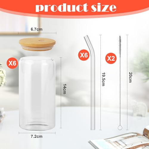 Nuangoo 6 x Drinking Glasses with Bamboo Lids and Glass Straw, Glass Can 500 ml, with Lid and Straw, Reusable Cups for Ice Coffee, Cocktail, Smoothie, Soda, Beer