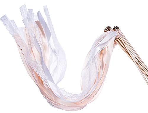 Wishprom 30pcs Lace Ribbon Wands Christmas Birthday Party Streamers Wands Fairy Stick for Wedding Activities (Peach+Lace)