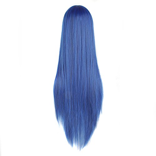 MapofBeauty 32" 80cm Long Straight Anime Costume Cosplay Wig Party Wig (Dark Blue/ Black)
