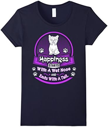 Womens Happiness Starts Wet Nose Ends Tail Yorkie Dog Tshirt Small Navy
