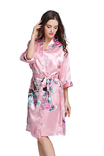 Amzchoice Women's Short Sleeve Kimono Robe Peacock & Blossoms for Spa, Wedding Bridal and Bridesmaid (S, Magenta) - Thumbnail 2