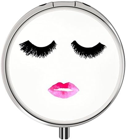 Pill Case, Round Stainless Drug Organizer Box, 3 Compartment Compact Medication Kit for Travel Purse Pocket - Lashes and Pink Lips