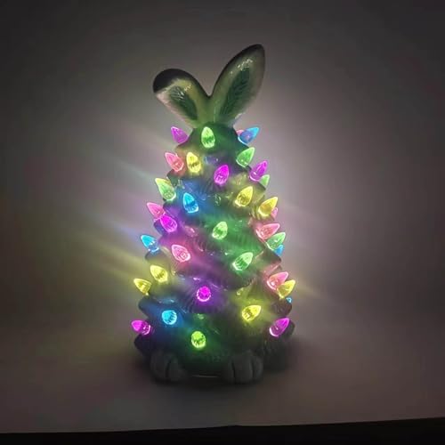 Lighted Easter Ceramic Bunny Tree Decoration,Easter Rabbit Figurines with Colorful Lamp Beads & Bunny Ear, Spring Decor Figurine Night Light for Home, Tabletop Holiday Decorations Gifts (19.5CM/A)