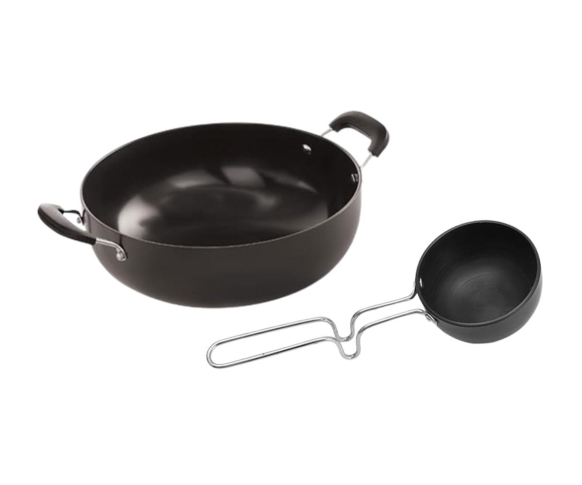 Satre Online and Marketing Aluminium Hindalco Non Stick Kadhai Size No. 12 with Non Stick Tadka Pan Size No. 6 Set, Hard Anodised, Cookware Set, 2 Pcs (Black)