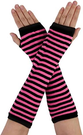Allegra K Women Stripe Print Knitted Fingerless Thumb Hole Elbow Length Gloves Warmers Pair