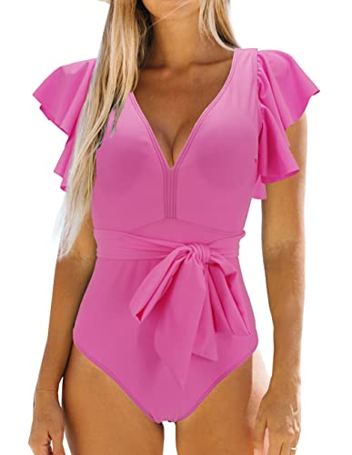BINLOWIS V NECK RUFFLE ONE PIECE SWIMSUIT LADIES...
