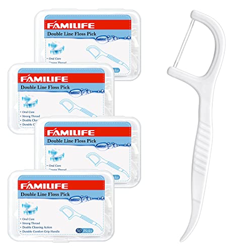 FAMILIFE Dental Floss Picks, Double Line Flossers 200 Count, Unwaxed
