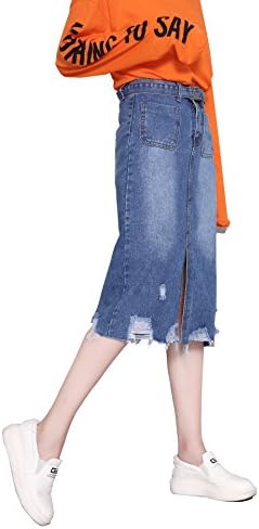 Women's Classic Below Knee Denim Skirt High Waist Furcal Ripped Long Pencil Jeans Denim Skirts (M, BLUE)