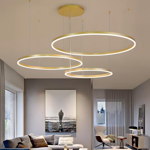 WayLuoung Metal LED Chandelier | 3 Circles 20+40+60cm | 45W Hanging Ceiling Light With Rings, Dimmable Remote Control 3000-6000K, Acrylic Lampshade Living Room Bedroom Foyer Dining Room【Gold】