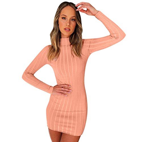 Aunimeifly Women's Bag Hip Slim Solid Color Striped Dress Autumn Winter Stylish High Neck Body-con Mini Dresses Pink