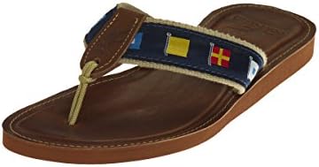 Ocean Rider Leather Flip Flops with Blue Damask Woven Ribbon Straps Handmade in the USA - Nautical Flags (Men's 10 - US)