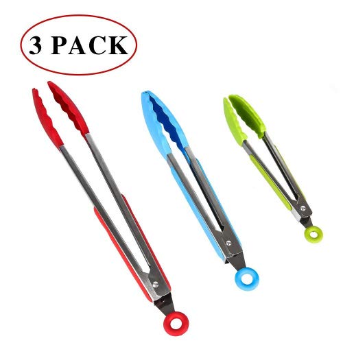 Warmoor Stainless Steel Silicone Kitchen Food Tongs Set Of 3 - 7,9,12 Inch, Heavy Duty, Non-Stick Kitchen Tongs, Cooking Tongs, BBQ Tongs, High Heat Silicone Tip