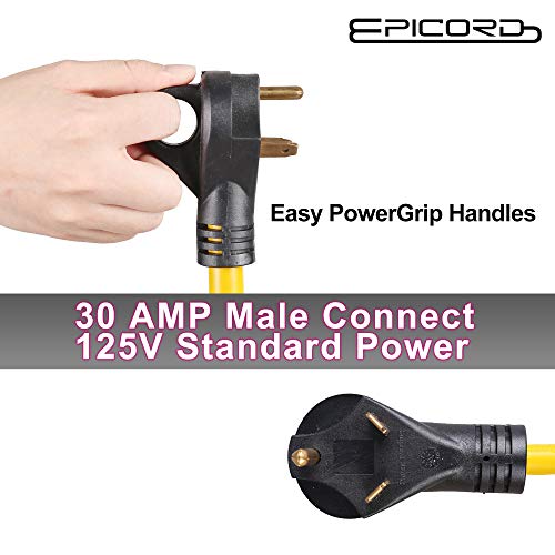 EPICORD RV Extension Cord 30Amp Molded Connector with Grip Handle Plug, 25FT, 125V