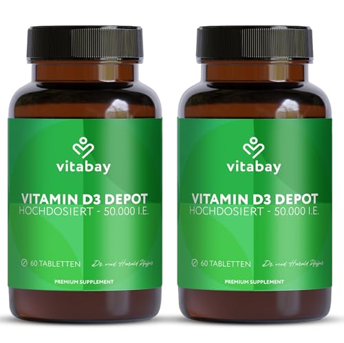 Vitabay Vitamin D3 Hochdosiert 50.000 I.E. - 120 Vegane Vitamin D Tabletten als Depot - Laborgeprüft