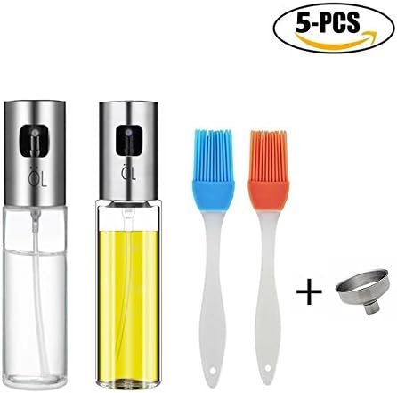 Olive Oil Sprayer Dispenser, Oil Spray Bottle Vinegar Bottle, Silicone Brushes,Funnel for Kitchen Baking, BBQ, Making Salad, Cooking, Roasting, Grilling, Frying （5 Pcs）