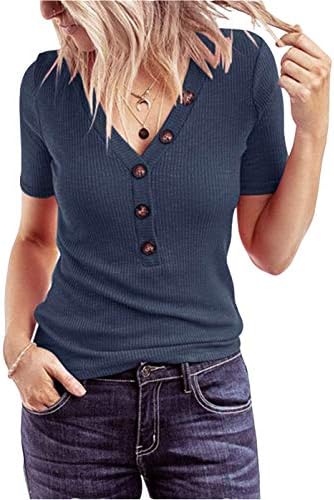 FEIYOUNG Womens Henley Shirts Shape V Neck Short Sleeve Stretch Button Down Tops Knit Tees