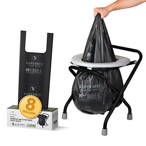 SUPERBIO 8 Gallon Compostable Handle Tie Portable Toilet Bags for