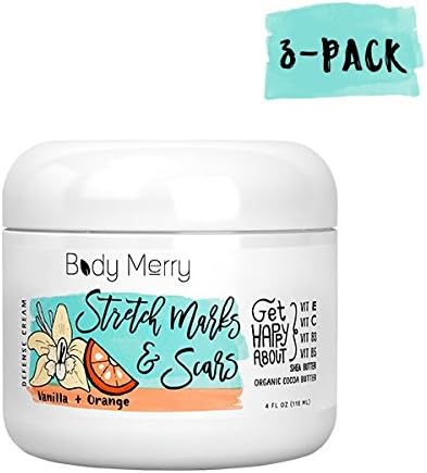 Body Merry Vanilla Orange Stretch Marks & Scars Defense Cream, 3-PK - Daily Scented Moisturizer w Organic Cocoa Butter + Shea + Oils to help remove & face old/new scars & stretch marks