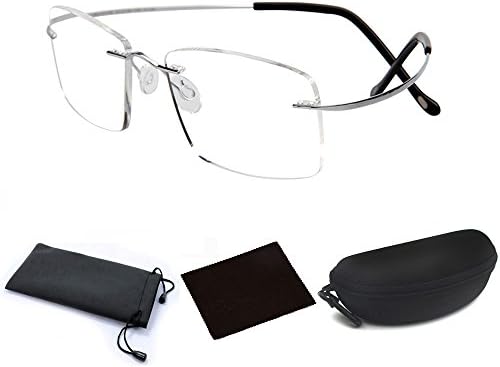 Ultra Lightweight Titanium Alloy Flex Arm Bendable Flexible Rimless Rectangle Reading Glasses Men Women Eye Glasses Clear Vision Magnifying Presbyopic Glasses Silver with Portable Eyewear Case (1.0 x)