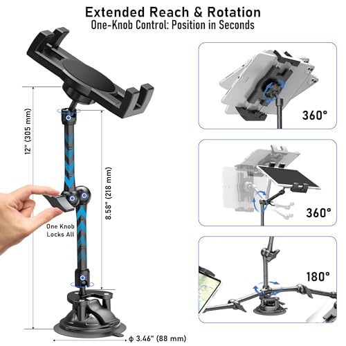 TeQable Heavy Duty Window and Dashboard Tablet Mount for Truck Car, Anti-Shake Metal Joint iPad Dash Holder, No Sticky Gel Suction Cup Stand for iPad Pro 12.9 Air Mini, Commercial Van Vehicle