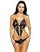 ADOME Women Lingerie Deep V Halter Lace Babydoll Mini Bodysuit, Style1-black, Large