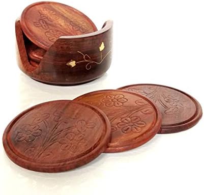 Nisar Handicrafts Wooden Round Drink Coasters Set of 6 with Decorative Holder Tabletop Coasters for Tea Coffee Cups Mugs Beer Cans Bar Glass Size: 3.5x3.5x2.5 (LxBxH) Inches