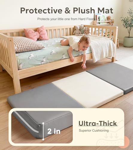 Mallify Quad-Fold Baby Kids Mat, Foldable & Portable PU Leather Kids Mat for Floor, 71" x 30" Bedside Mat, 2'' Thicken Soft Anti-Fall Playmat, Waterproof Play Mat for Kids and Children
