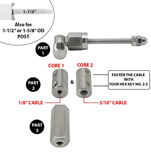 Stainless Steel 316 Grade Staircase Cable Railing Adjustable Tensioner Threaded Terminal End Fitting for 1/8" & 3/16" Cable on Round Post Or Square Railing Post (Satin Finish, 16-Pack) - Thumbnail 3