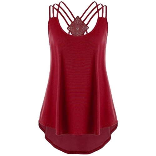 Gillberry Women Summer Lace Vest Top Short Sleeve Blouse Casual Tank Top T-Shirt (L, Red)
