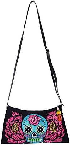 Ethnic Lanna Attractive Cross Body Bag With Unique Turquoise Skull Embroidered Pattern, Embroidered Fabric Material