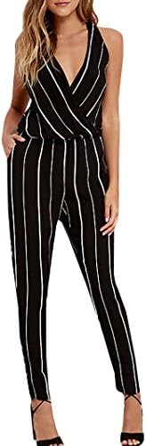 GAMISOTE Striped Bohemian Jumpsuit Sexy V-neck Strap Rompers Jumpsuit (Large, Black)