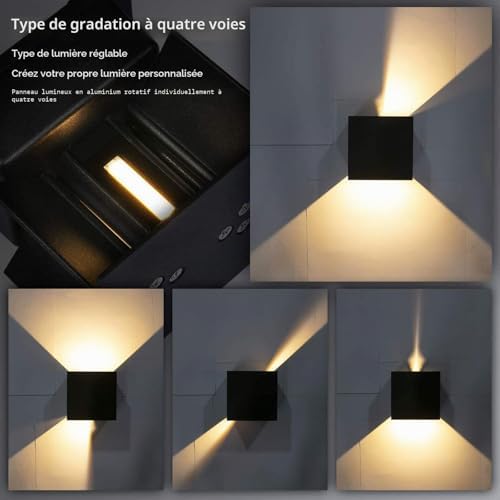 4 Pcs Applique Murale Exterieur/Interieur LED Lampe Murale Extérieures Moderne Noir 6W 3000K Lumière Chaude IP65 étanche applique carré aluminium angle de faisceau réglable