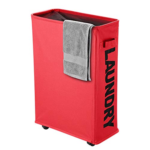 Slim Rolling Laundry Basket with wheel, IHOMAGIC Rectangle Storage Hamper - Thin Laundry Basket Corner Fittable Laundry Bin Flexible handle Laundry Sorter For Dormitory, Hotel, 39x18.5x58cm 41L,RED