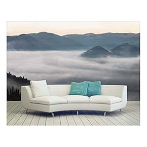 Large Wall Mural - Black Mountains and Fog | Self-Adhesive Vinyl Wallpaper/Removable Modern Wall Decor - 66x96 inches