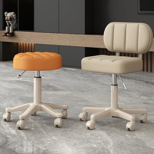 MOZOGOT PU Leather Rolling Stool with Back Rest Height Adjustable, Work Salon Drafting Swivel Task Chair with Wheels for Office Home 300lbs (Beige)