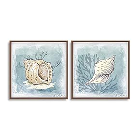 2 Piece Framed Canvas Wall Art for Living Room, Bedroom Conch Theme Canvas Prints for Home Decoration Ready to Hang - 16"x16"x2 Panels