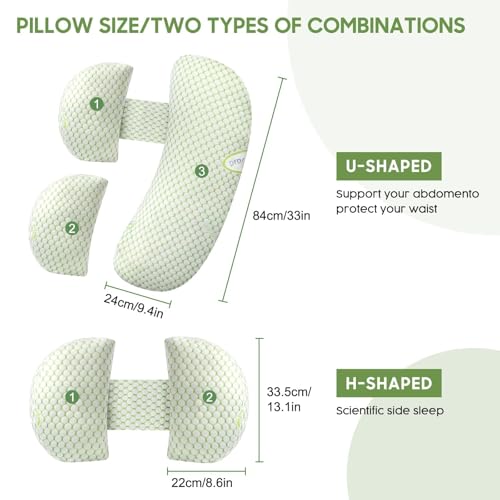Pregnancy Pillow for Sleeping, Body Pillow for Side Sleeper Adjustable Portable with Removable Washable Cover, Pillow for Pregnant Women Support for Back Hips Legs(Green)