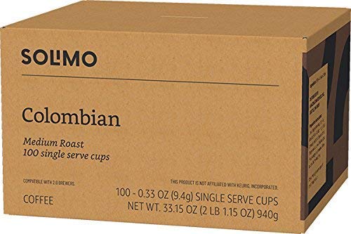 AMAZON BRAND – SOLIMO MEDIUM ROAST COFFEE PODS, COLOMBIAN, COMPATIBLE WITH KEURIG 2.0 K-CUP BREWERS, 100 COUNT