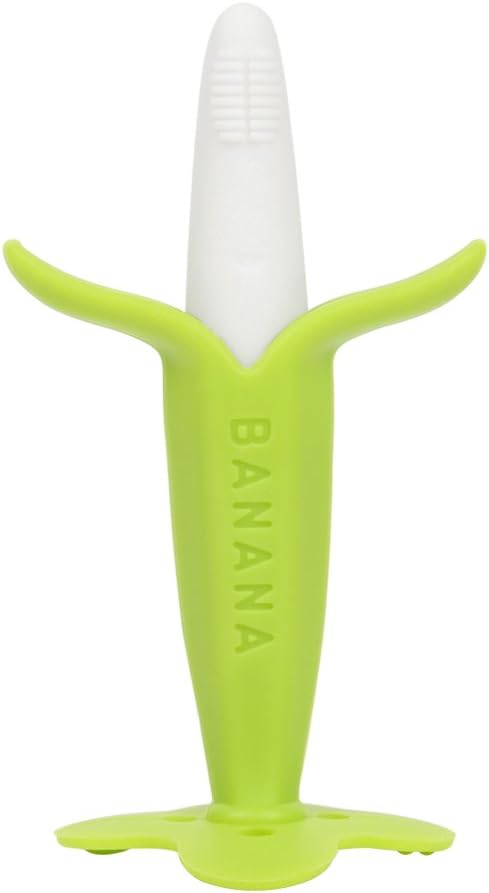 Baby Toothbrush Banana Teether Teething Toys Chewable Silicone Teethers with Standing Base BPA-Free FDA Approved (Green)