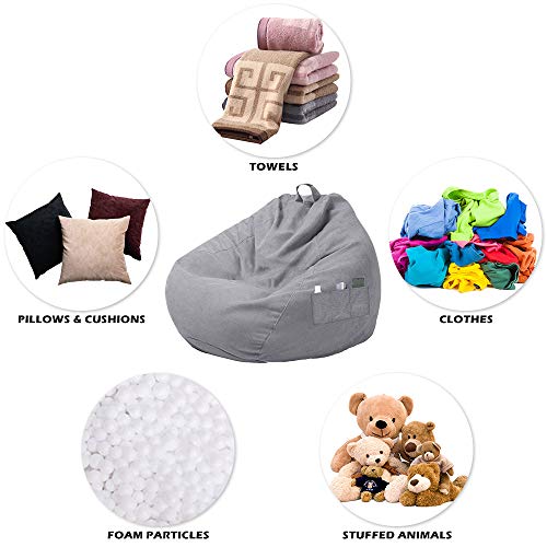 ODOMY Stuffed Animal Storage Bean Bag Chair Cover (Without Filler) for Kids and Adults, S M XL Stuffable Zipper Beanbag Covers for Organizing Children Plush Toys or Memory Foam with Three Side Pockets