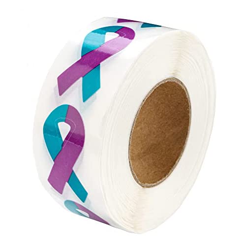 Photo 1 of Small Teal & Purple Ribbon Awareness Stickers for Sexual Assault & Suicide Awareness - Perfect for Events, and Fundraising (1 Roll -250 Stickers)