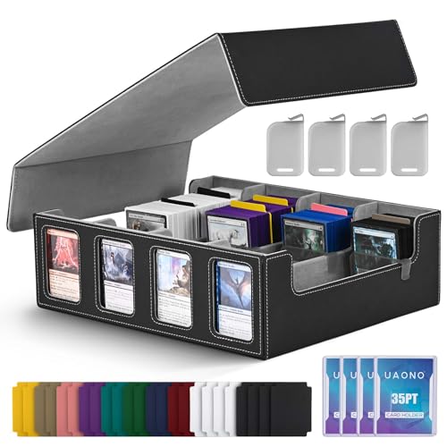 UAONO Trading Card Storage Box für Commander Display, 2400+ MTG Deck Box mit 4 Top Loader, TCG Card Case passend für Magic PTCG Sports Cards（Schwarz&Grau）