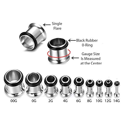 CABBE KALLO 18PCS Ear Plugs Stretching Kit Stainless Steel Gauge Tunnel Set Single Flared Expanders 14G-00G (Silvertone)