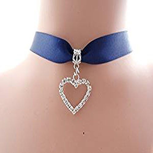 Navy Blue Double Faced Satin 16mm Wide Choker With a Rhine-Stone set Heart