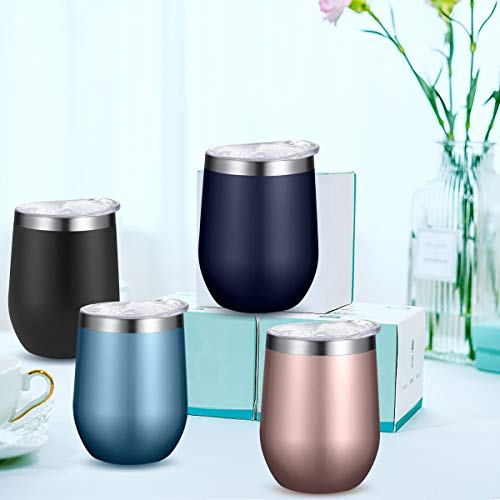 Stemless Wine Tumbler with Lid and Straw, Bastwe 4 Pack 12oz Stainless Steel Wine Glass, Double Wall Insulated Wine Tumbler for Champagne, Cocktail, Beer, Coffee, Drinks (Black) - Thumbnail 3