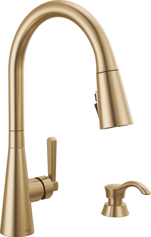 Delta Boyd Brushed Gold Kitchen Faucet with Pull Down Sprayer and Soap Dispenser, Modern Single Hole Kitchen Sink Faucet, Single Handle, Champagne Bronze 19893Z-CZSD-DST