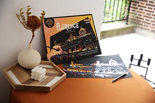 Scratch & Sketch Art Paper for Adults & Kids, Scratch Paper Rainbow Painting Sketch Pads DIY Art Craft Night View Scratchboard with Clean Brush,Scratch Coloring Pen,16 X 11.2 Inches (Florence)