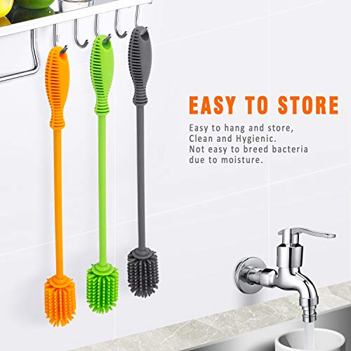 Silicone Bottle Cleaning Brush with Long Handle, BPA Free 12.5" Water Bottle Cleaner for Baby Bottles, Hydro Flask, Sports Bottle, Vase, Glassware, Perfect for Smaller Diameter Bottle Openings (Gray)